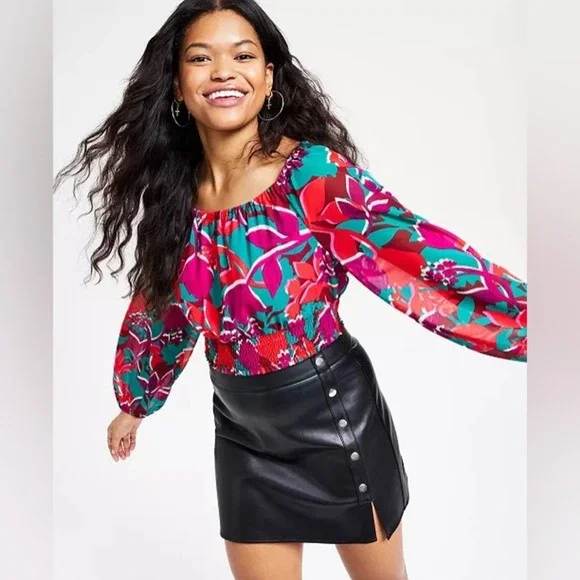 Bar III Printed Smocked-Hem Peasant Top Women’s Size Medium New - Picture 1 of 6